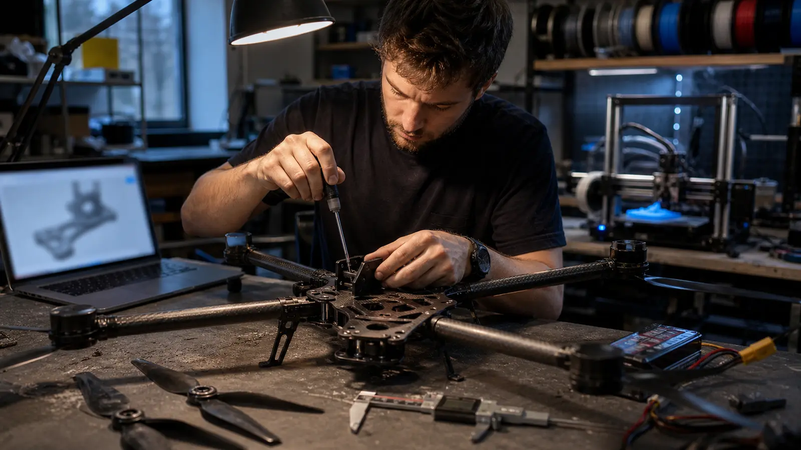 Konstruktér u dílenského stolu šroubuje tištěný držák na karbonový rám multikoptéry, vedle notebook s 3D modelem dílu, posuvné měřítko a vrtule, v pozadí 3D tiskárna a cívky filamentu