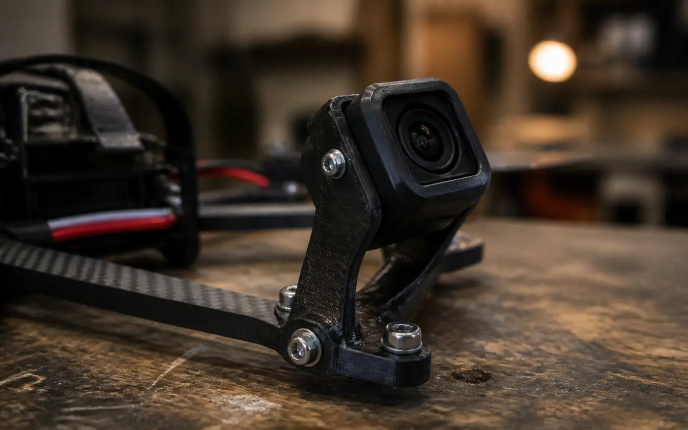 Tištěný černý držák akční kamery přišroubovaný k rameni karbonového rámu dronu, v pozadí rozpracovaná stavba na dílenském stole