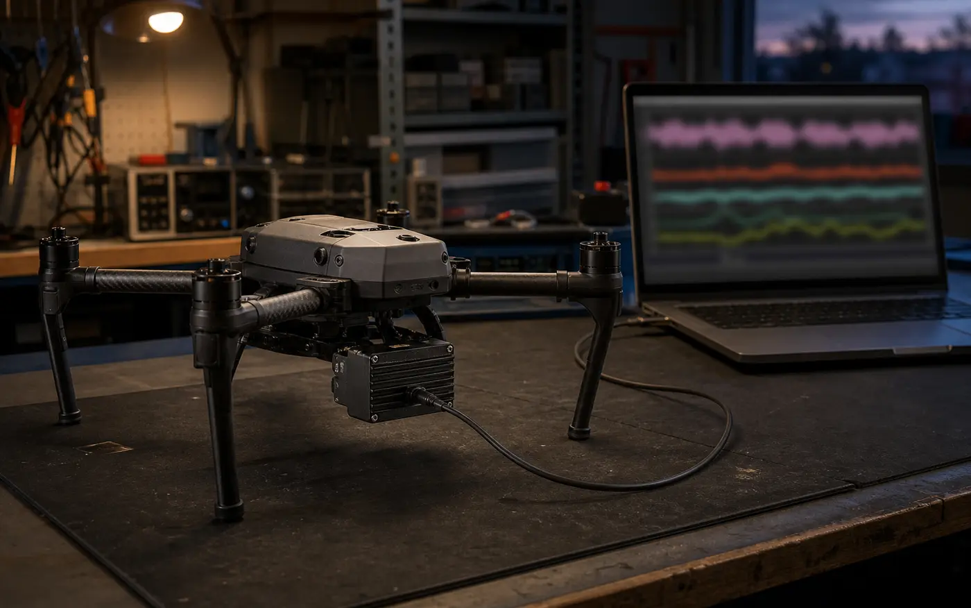 Dron na dílenském stole s přimontovaným senzorickým modulem, kabelem připojeným k notebooku, na kterém běží záznam měřených průběhů