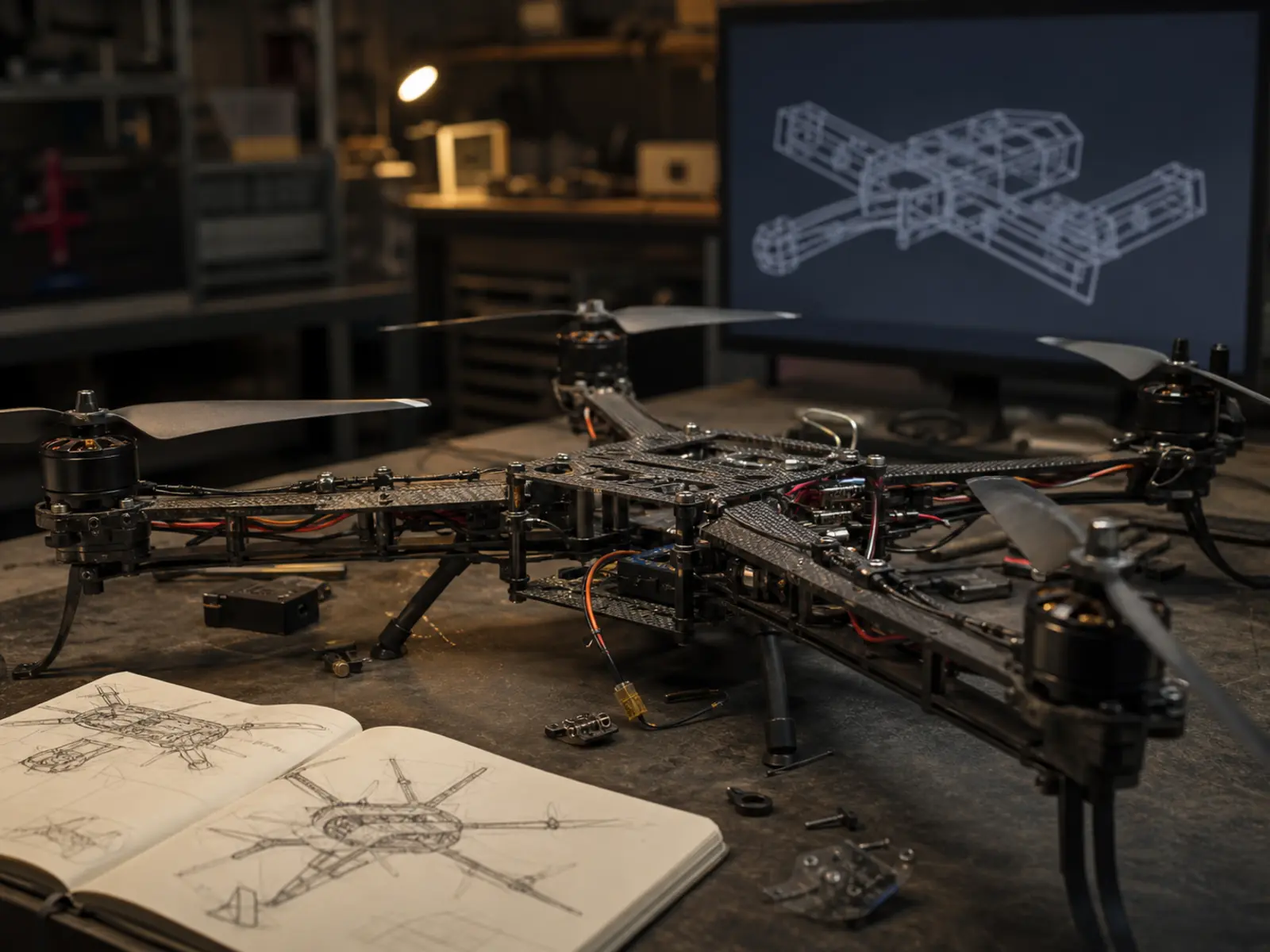 Rozpracovaný prototyp bezpilotního prostředku na dílenském stole, na monitoru v pozadí otevřený CAD model